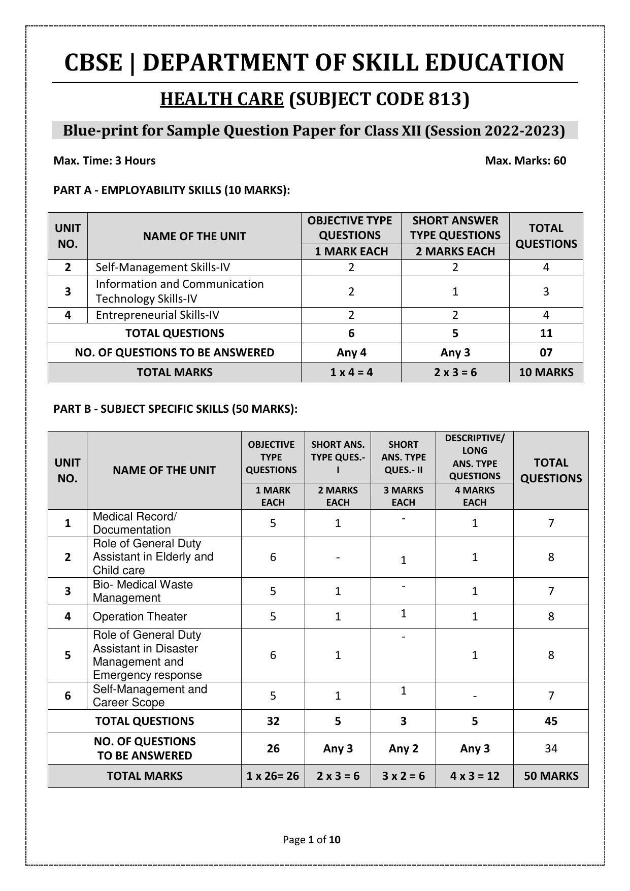 CBSE Class 12 Health Care (Skill Education) Sample Papers 2023 - Page 1