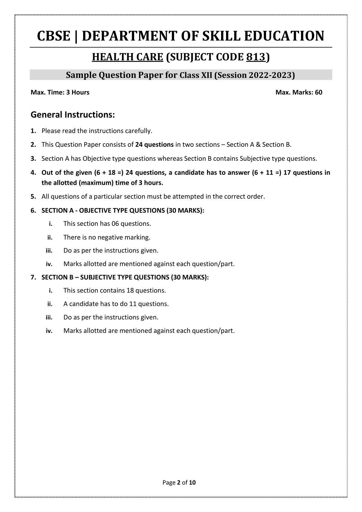 CBSE Class 12 Health Care (Skill Education) Sample Papers 2023 - Page 2