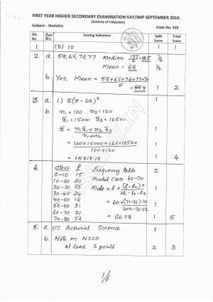 Kerala Plus One 2016 Statistics Improvement Answer Key