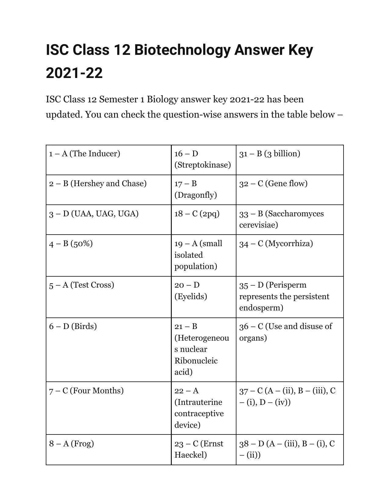 ISC Class 12 Biotechnology Answer Key 202122 IndCareer Docs