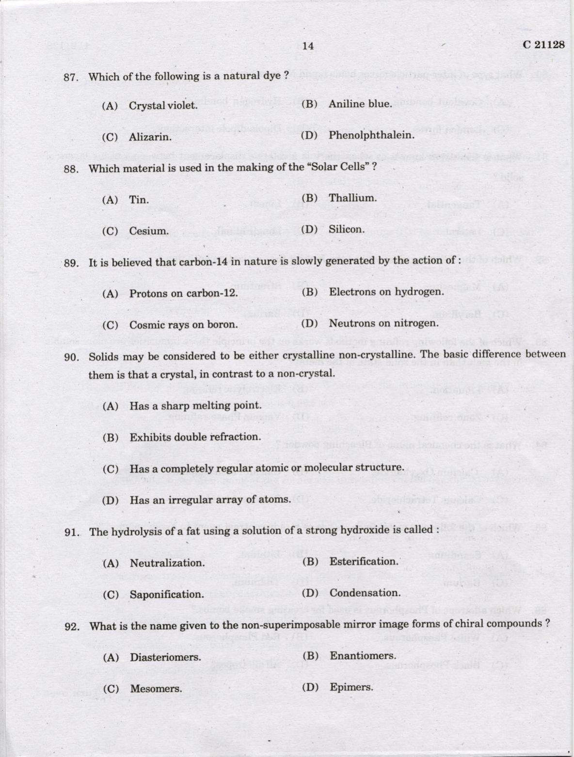 CUCAT 2022 M.Sc. Applied Chemistry & M.Sc Chemistry (Nanoscience) Question Paper - Page 14