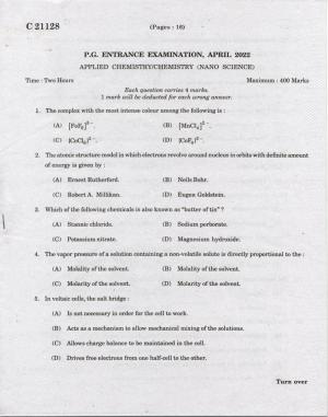 CUCAT 2022 M.Sc. Applied Chemistry & M.Sc Chemistry (Nanoscience) Question Paper