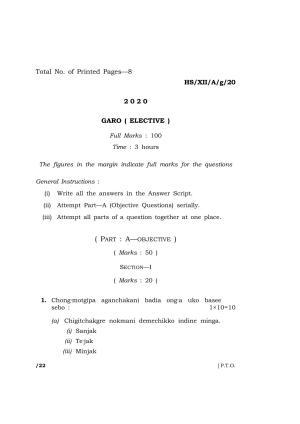 Meghalaya Board (MBOSE) Class 12 GARO ( ELECTIVE ) 2020 Question Paper