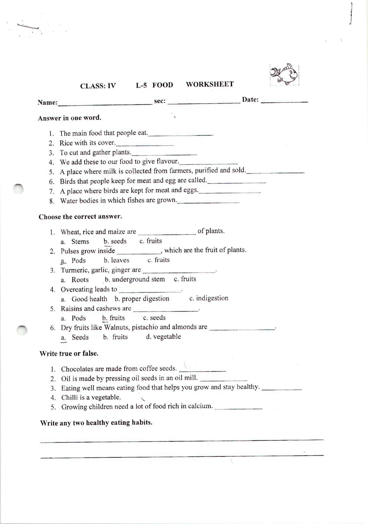 Worksheet for Class 4 Science Food Assignment 3 - Page 1
