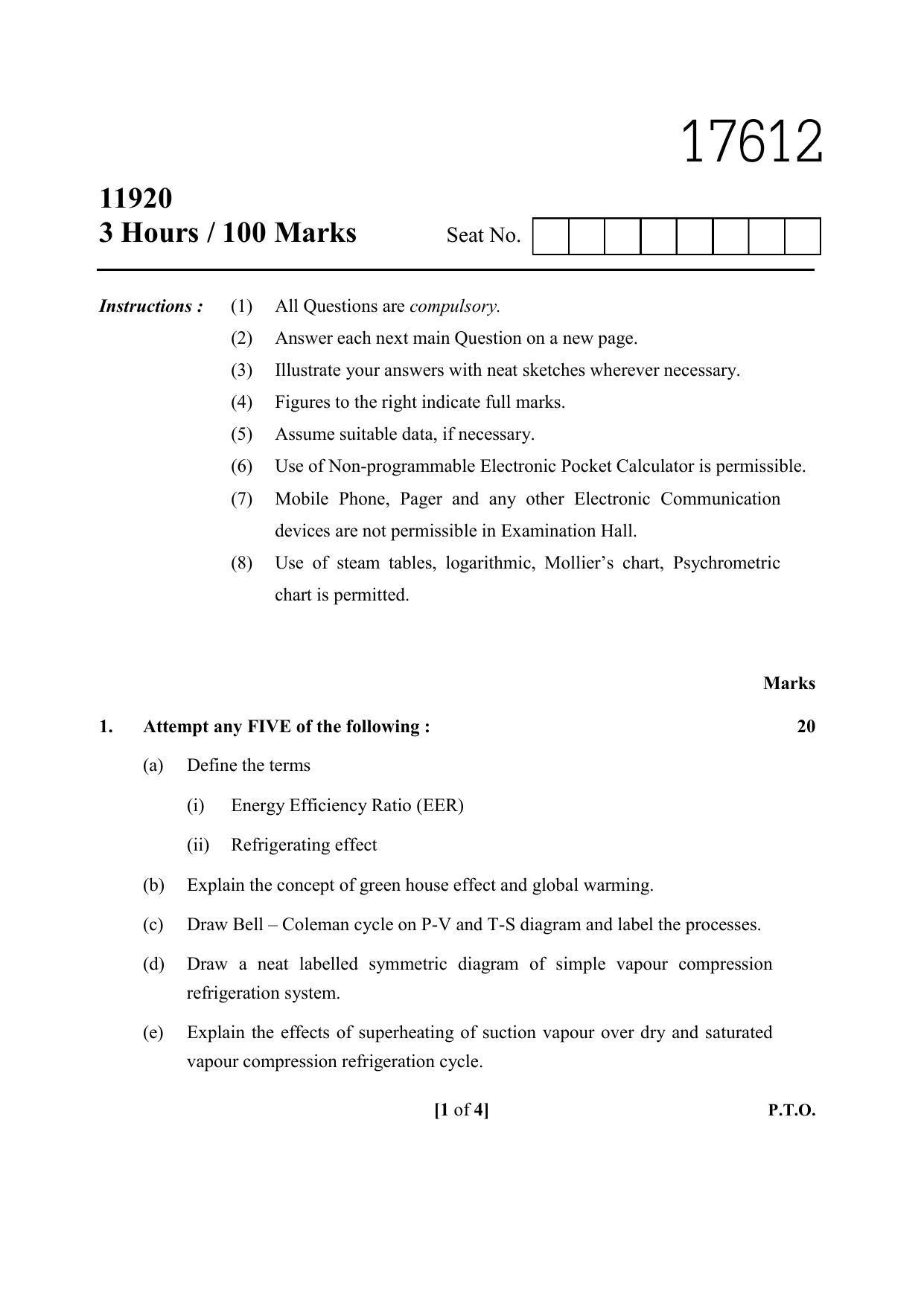 MSBTE Winter Question Paper 2019 - Refrigeration & Air Conditioning - Page 1