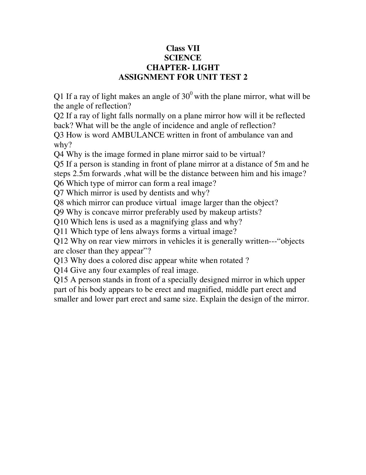 CBSE Worksheets for Class 7 Science Light Assignment 2 - Page 1