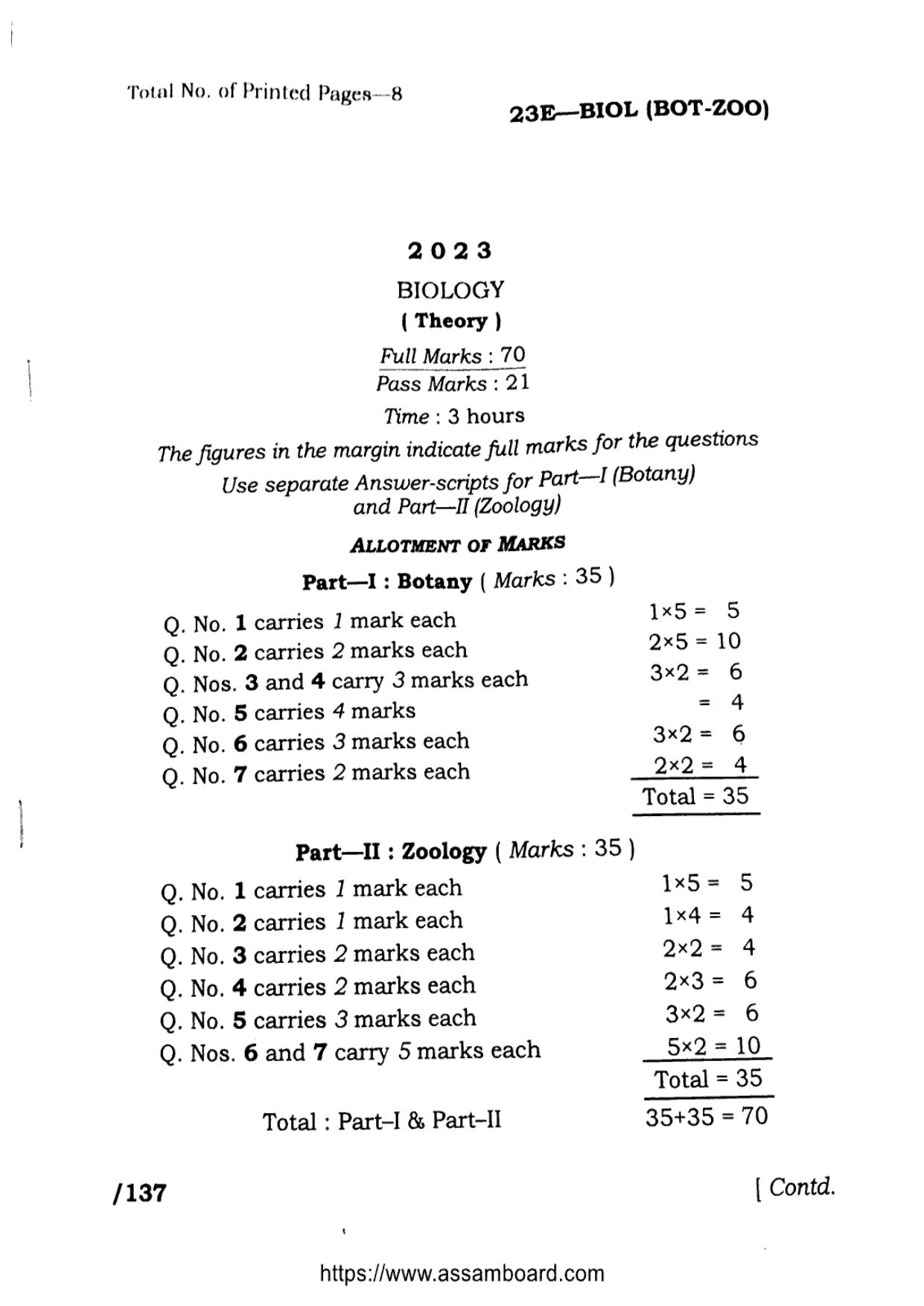 AHSEC Class 11 Biology 2023 Question Paper - Page 1