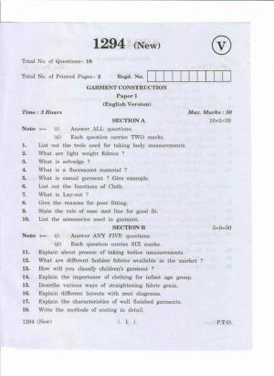 AP Inter 1st Year Garment Construction-I (New) May-2019-Vocational Question Paper