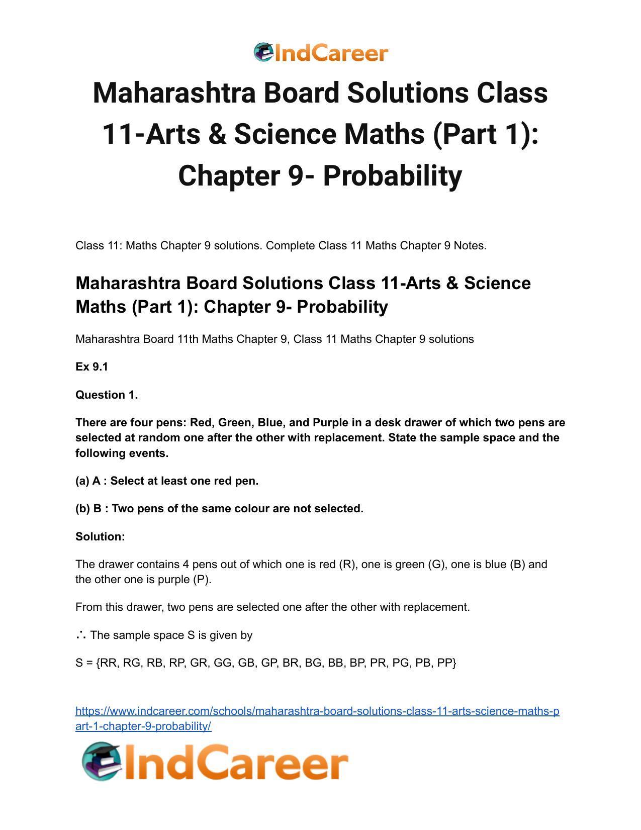 Maharashtra Board Solutions Class 11-Arts & Science Maths (Part 1): Chapter 9- Probability - Page 2