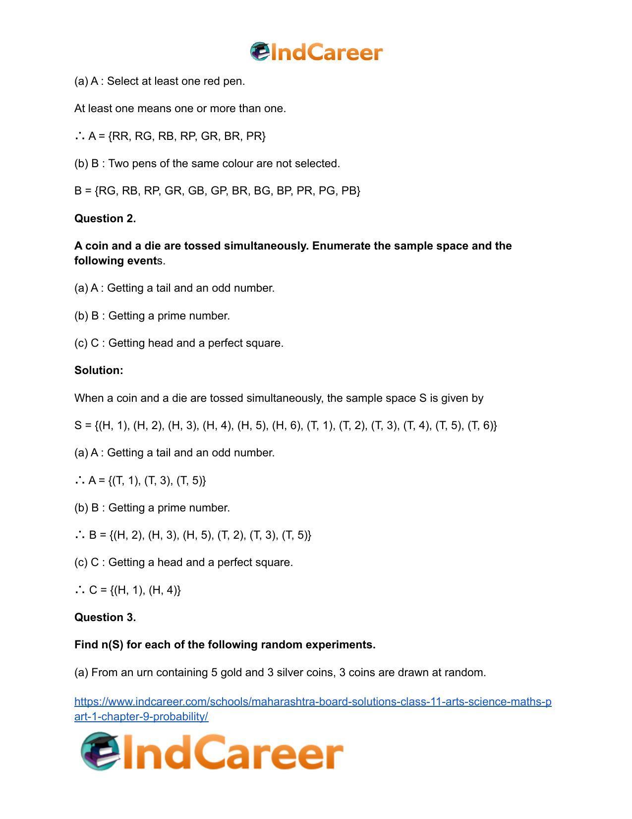 Maharashtra Board Solutions Class 11-Arts & Science Maths (Part 1): Chapter 9- Probability - Page 3