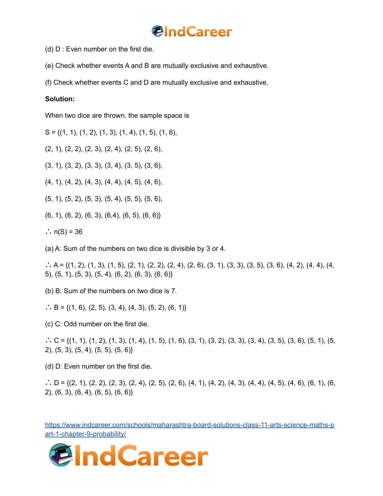 Maharashtra Board Solutions Class 11-Arts & Science Maths (Part 1): Chapter 9- Probability - Page 5