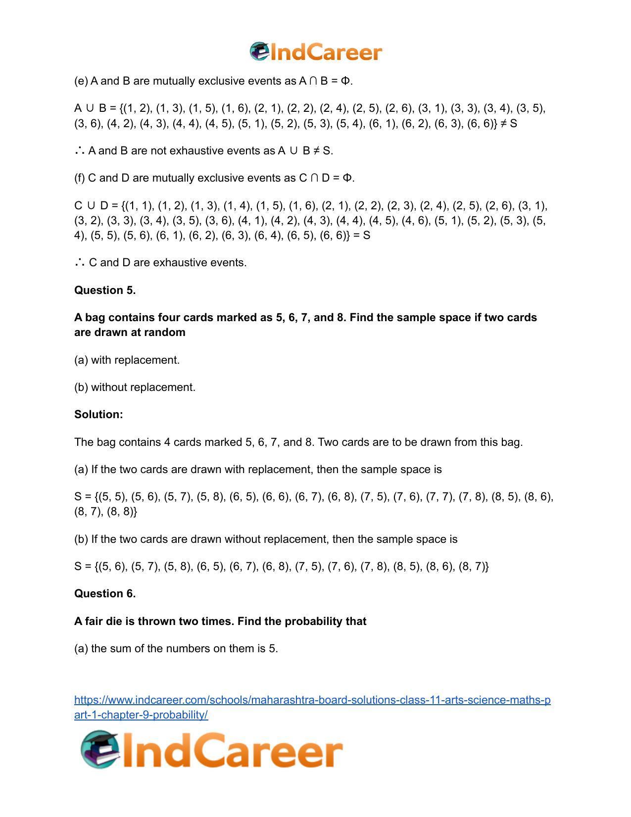 Maharashtra Board Solutions Class 11-Arts & Science Maths (Part 1): Chapter 9- Probability - Page 6