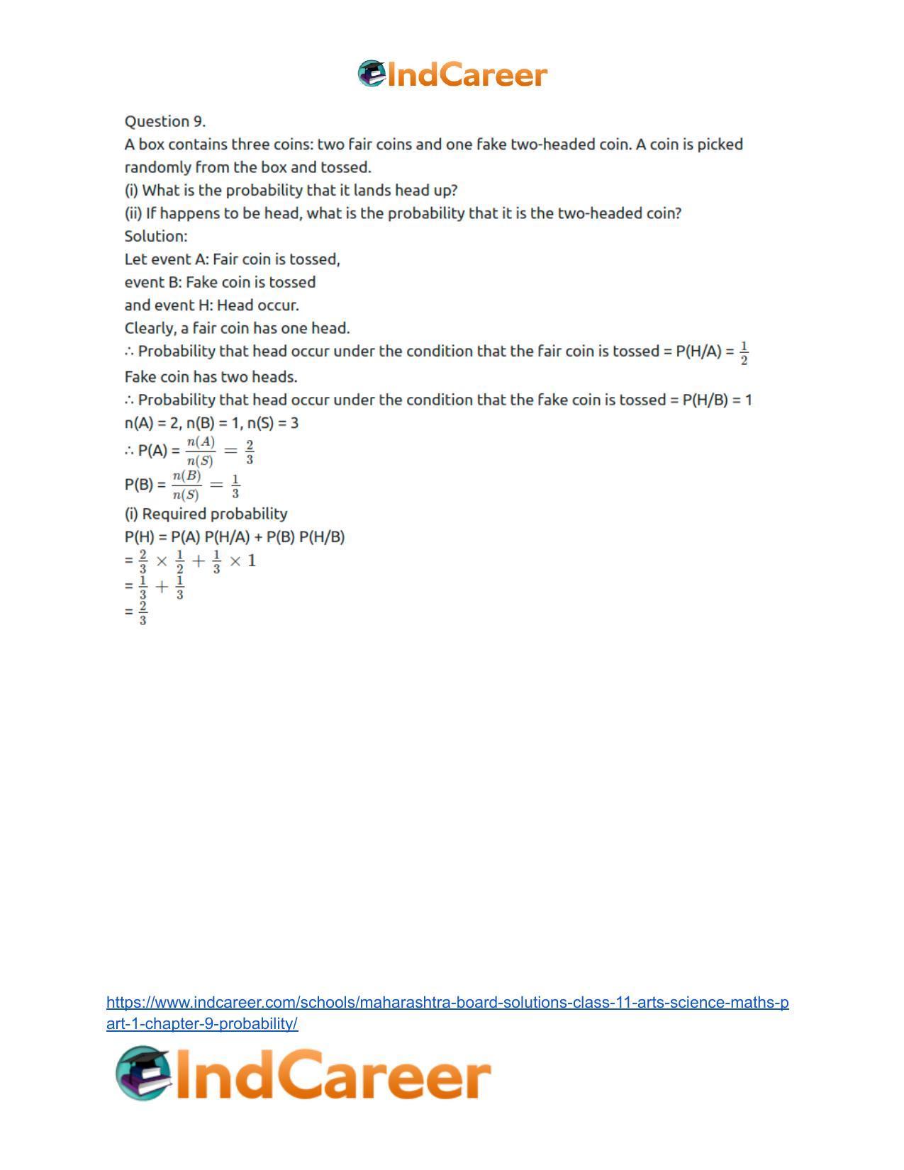 Maharashtra Board Solutions Class 11-Arts & Science Maths (Part 1): Chapter 9- Probability - Page 73