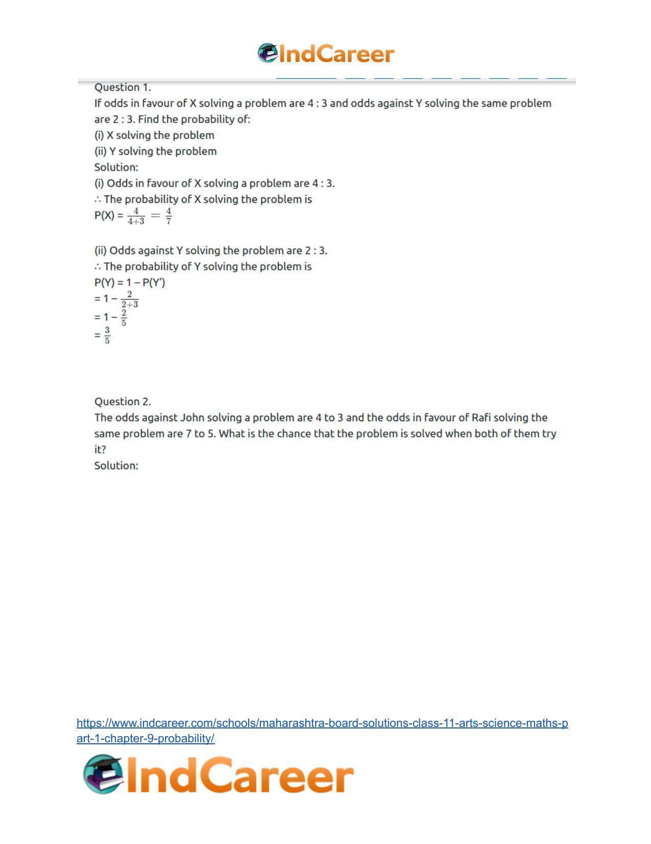 Maharashtra Board Solutions Class 11-Arts & Science Maths (Part 1): Chapter 9- Probability - Page 77