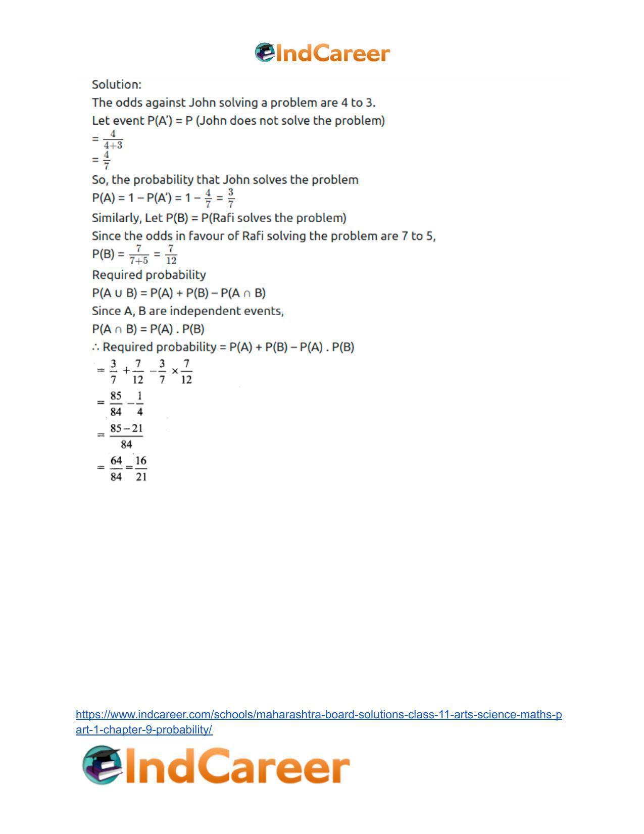 Maharashtra Board Solutions Class 11-Arts & Science Maths (Part 1): Chapter 9- Probability - Page 78
