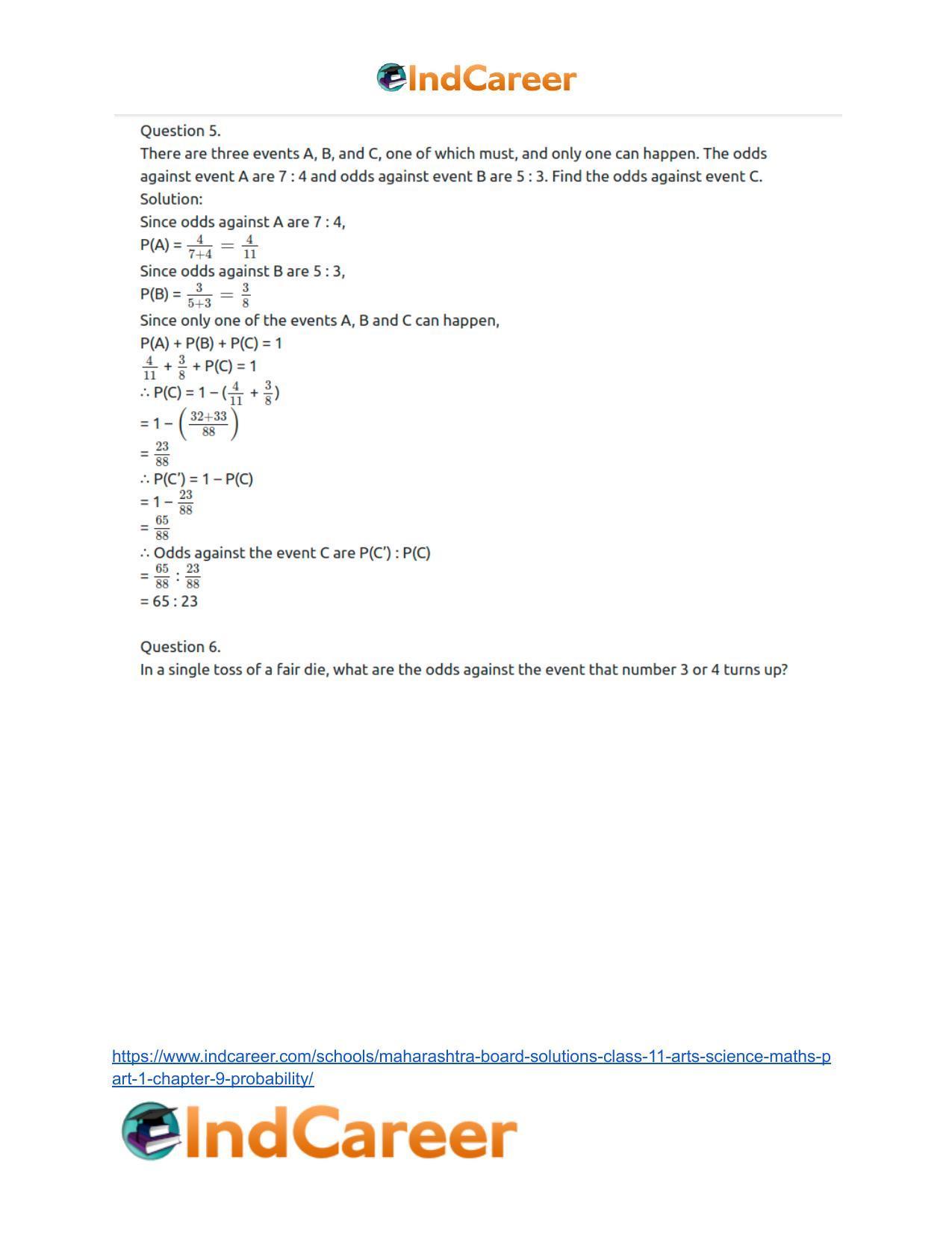 Maharashtra Board Solutions Class 11-Arts & Science Maths (Part 1): Chapter 9- Probability - Page 82