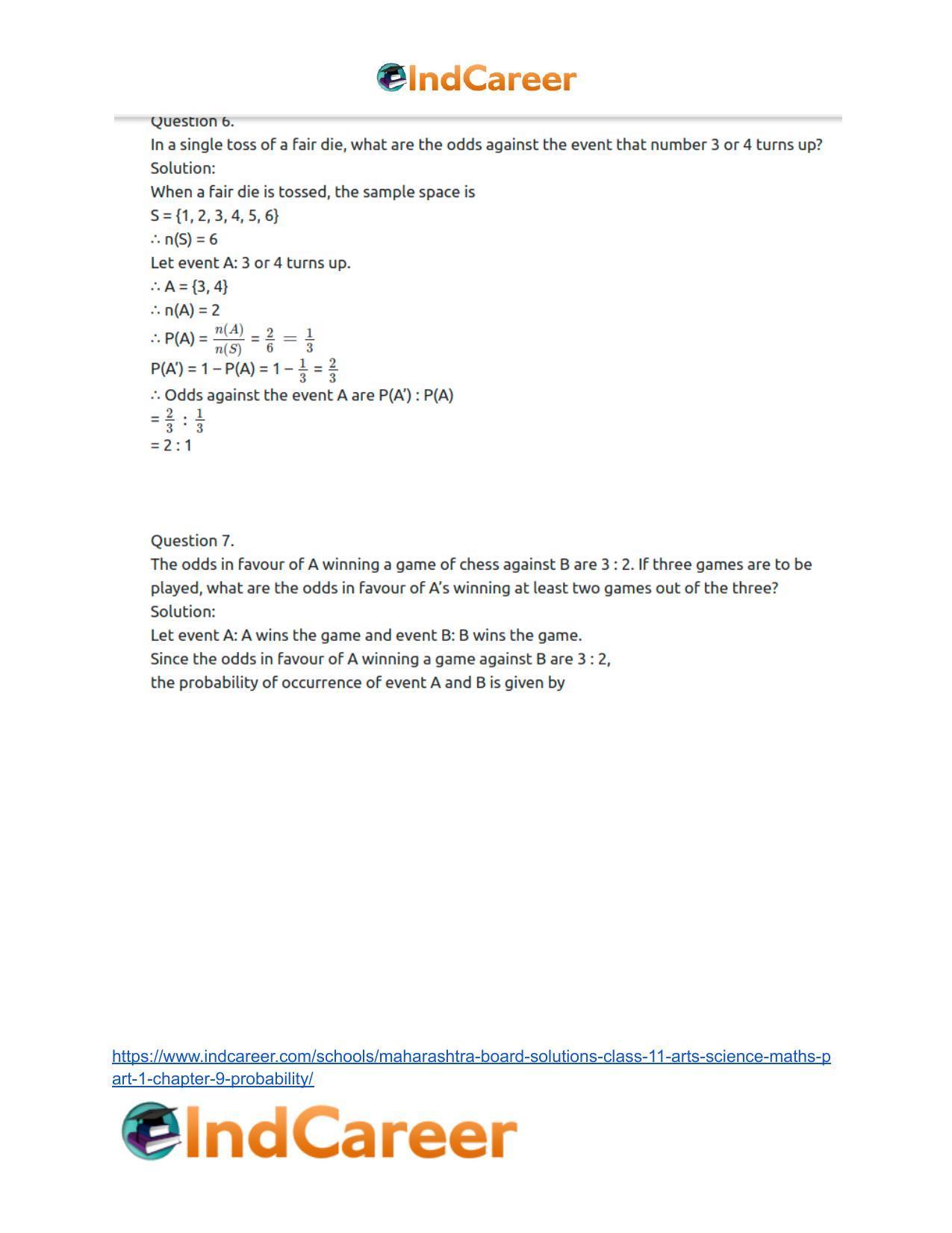 Maharashtra Board Solutions Class 11-Arts & Science Maths (Part 1): Chapter 9- Probability - Page 83