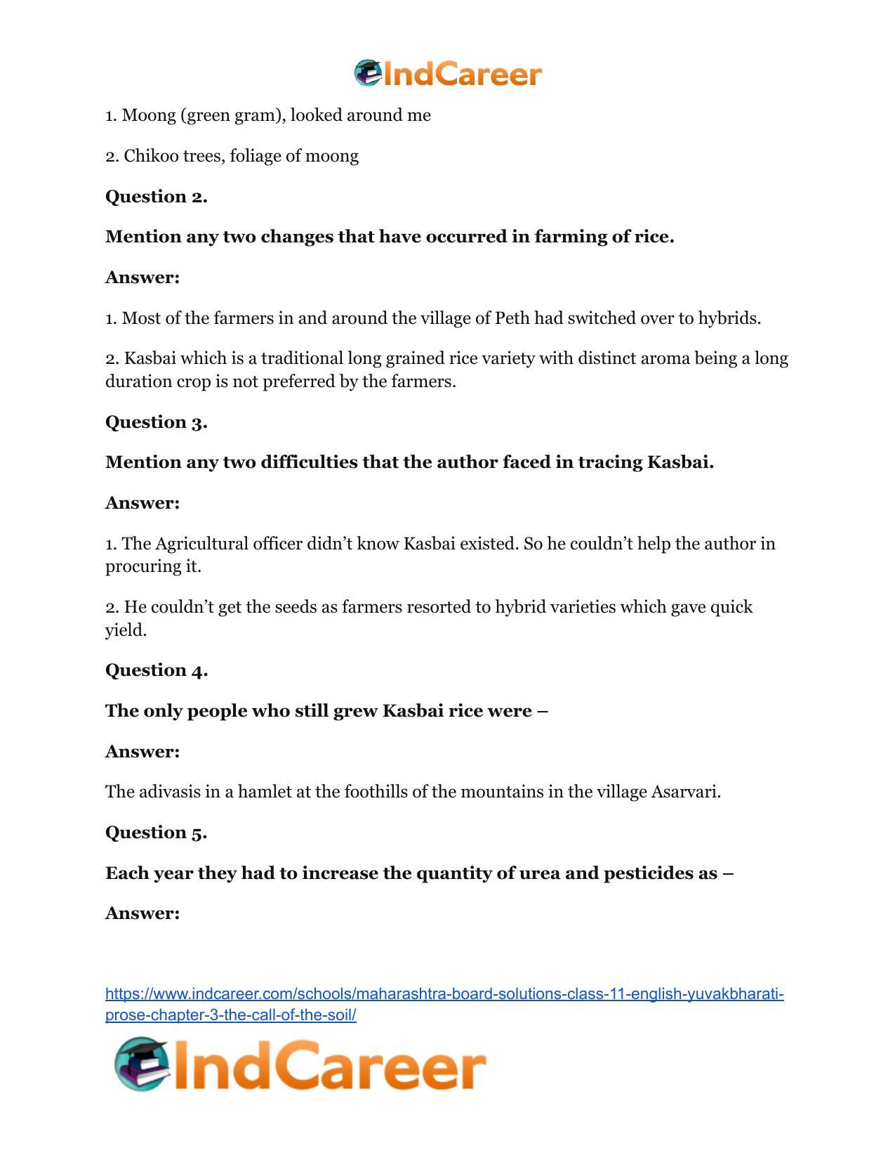 Maharashtra Board Solutions Class 11-English Yuvakbharati (Prose): Chapter 3- The Call of the Soil - Page 20