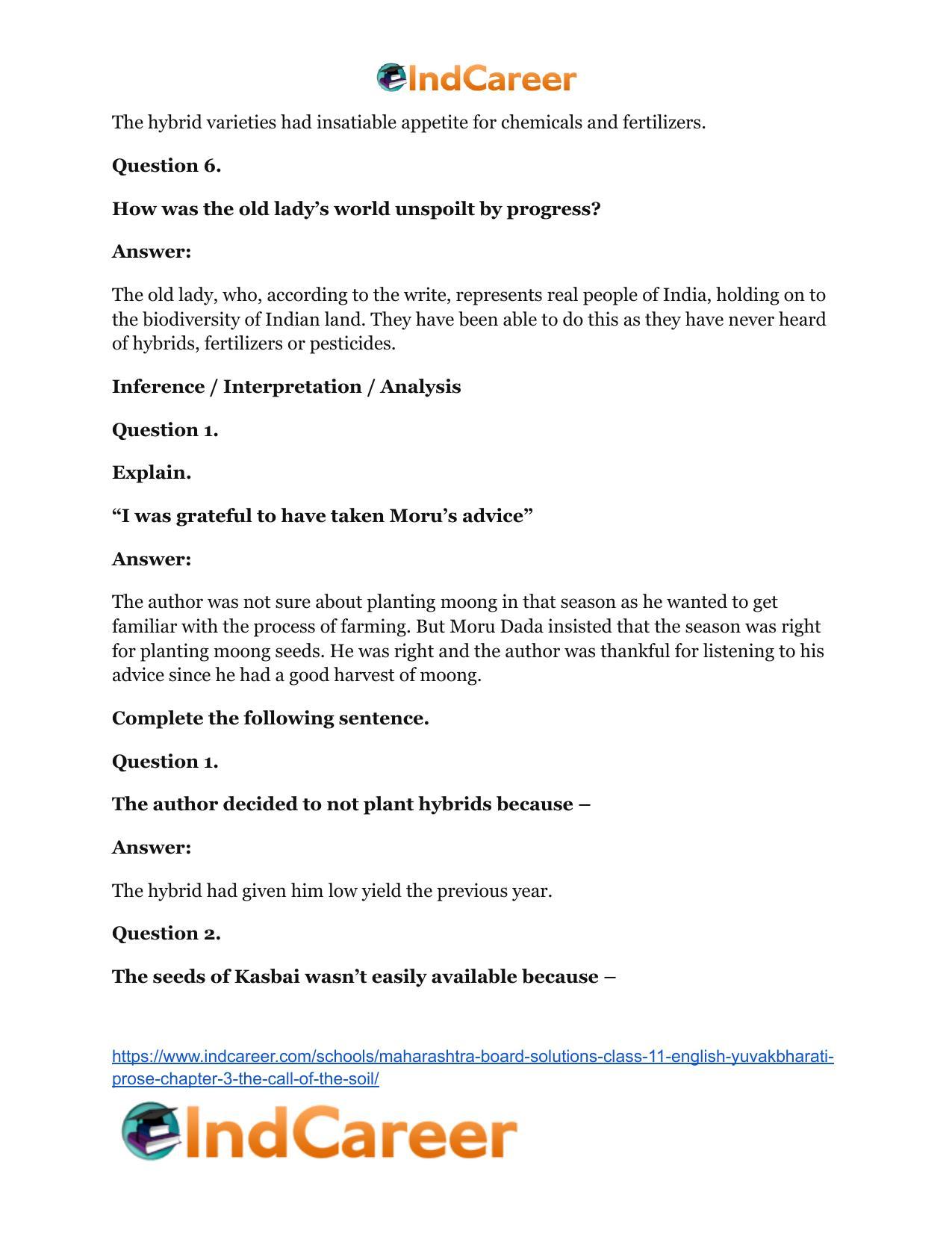Maharashtra Board Solutions Class 11-English Yuvakbharati (Prose): Chapter 3- The Call of the Soil - Page 21