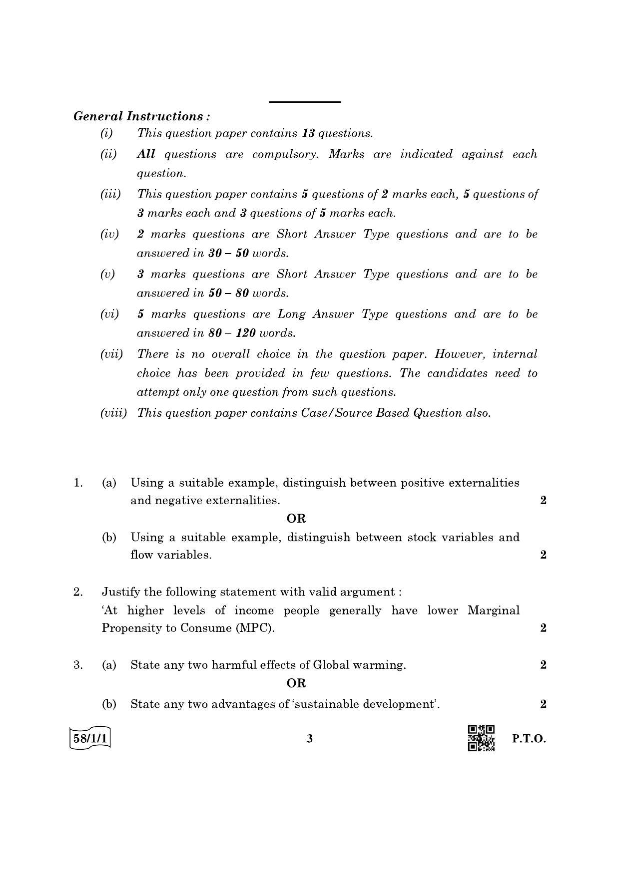 CBSE Class 12 58-1-1 Economics 2022 Question Paper - Page 3
