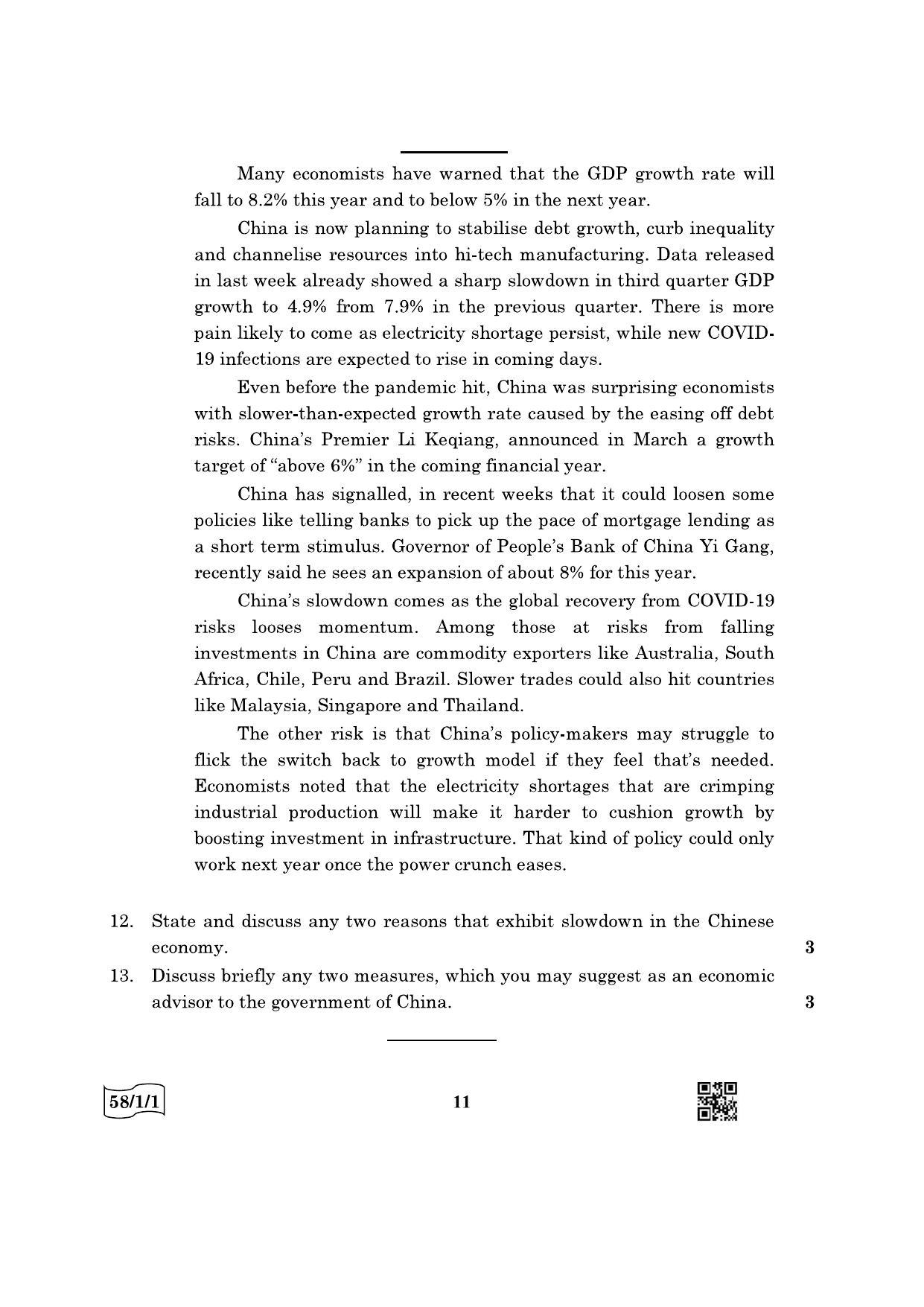 CBSE Class 12 58-1-1 Economics 2022 Question Paper - Page 11