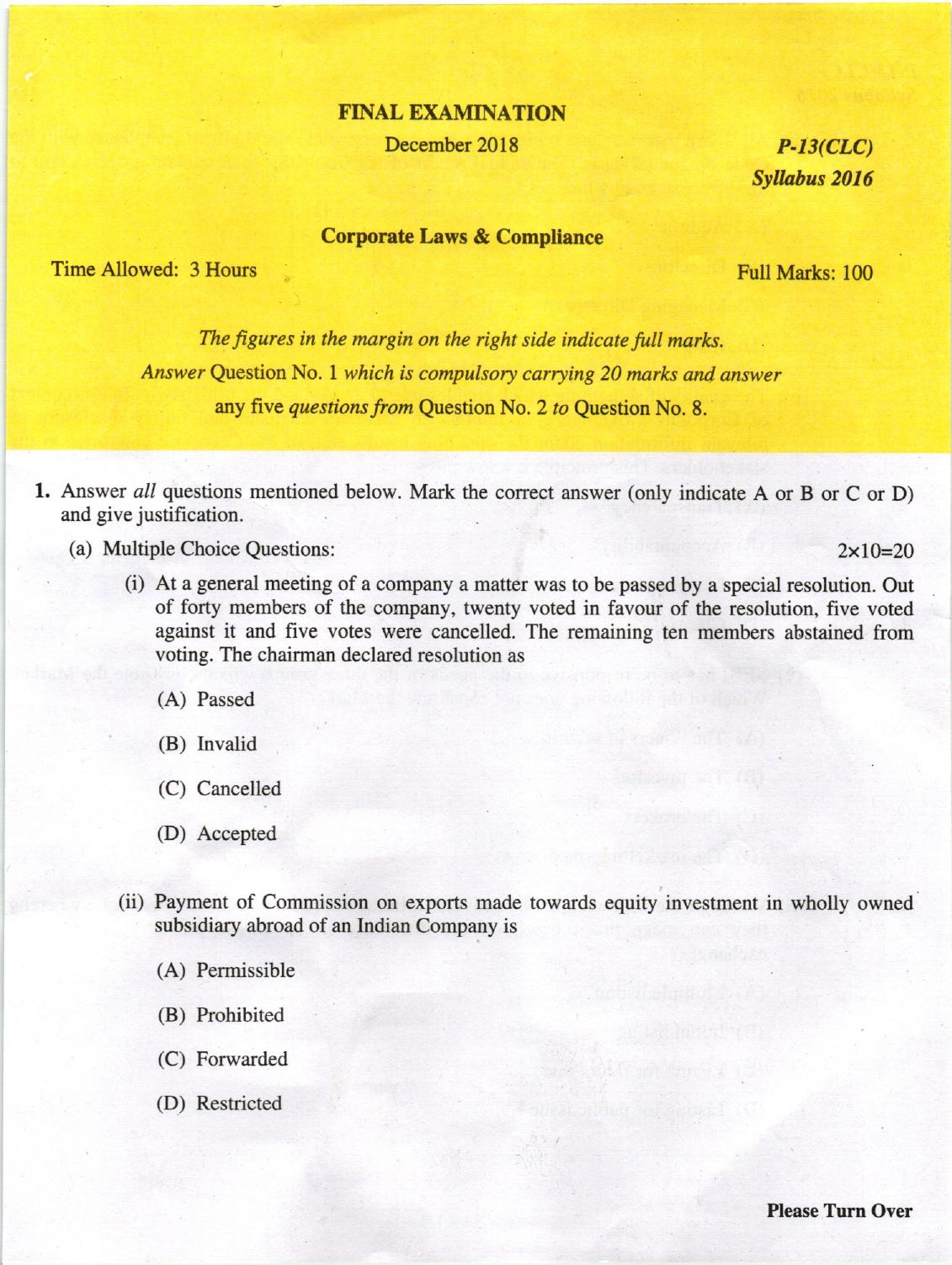 ICMAI Dec 2018 Corporate Laws & Compliance Question Paper (Final) - Page 1