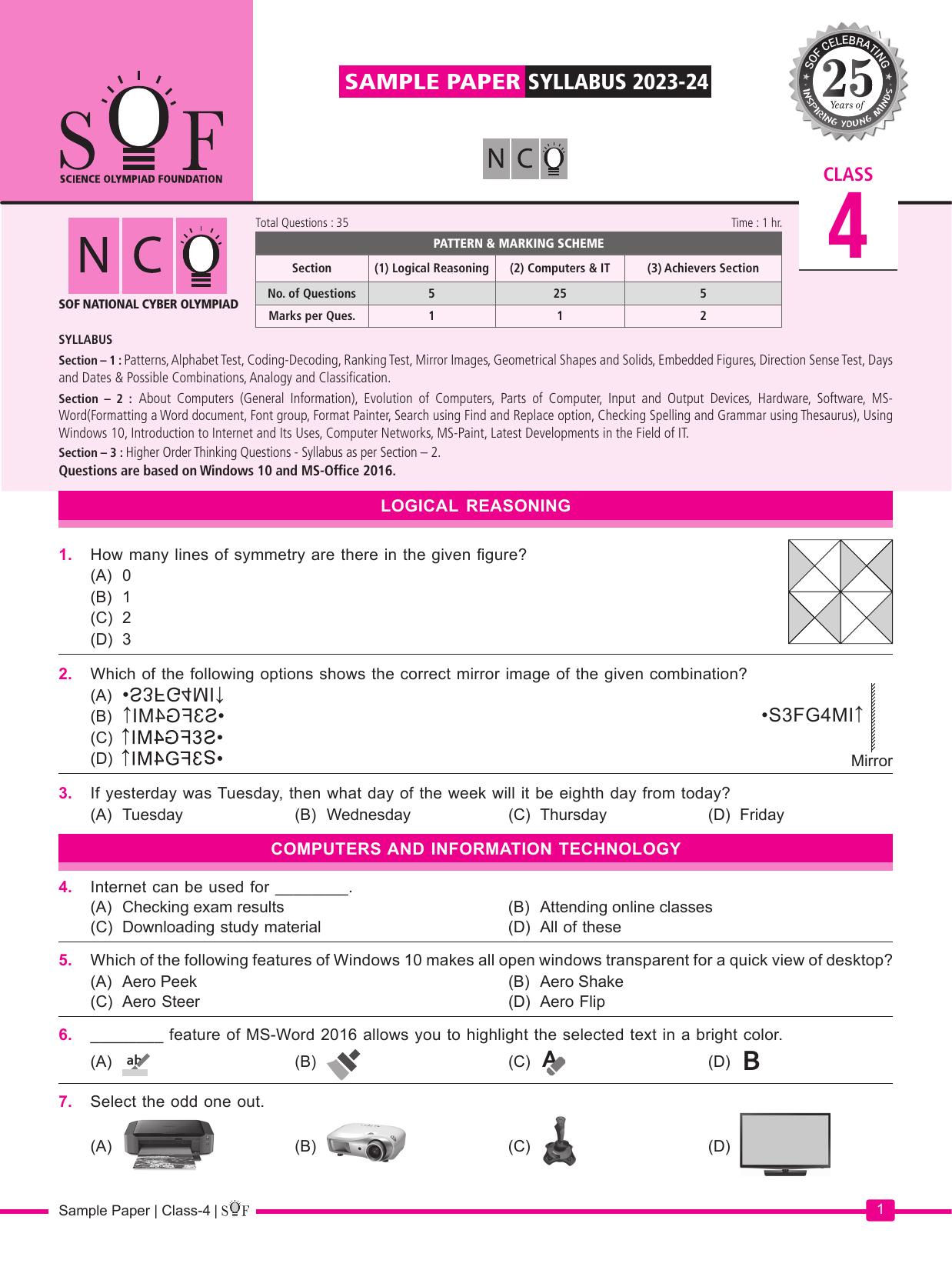 SOF NCO 2024 Class 4 Sample Paper - Page 1