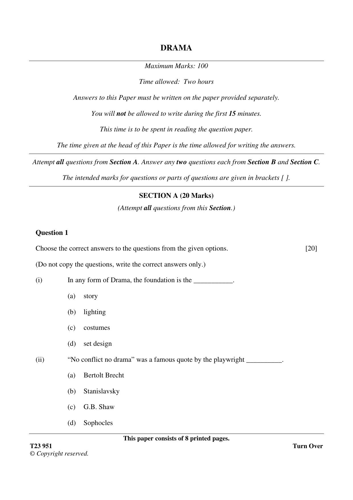 ICSE Class 10 DRAMA 2023 Question Paper - Page 1