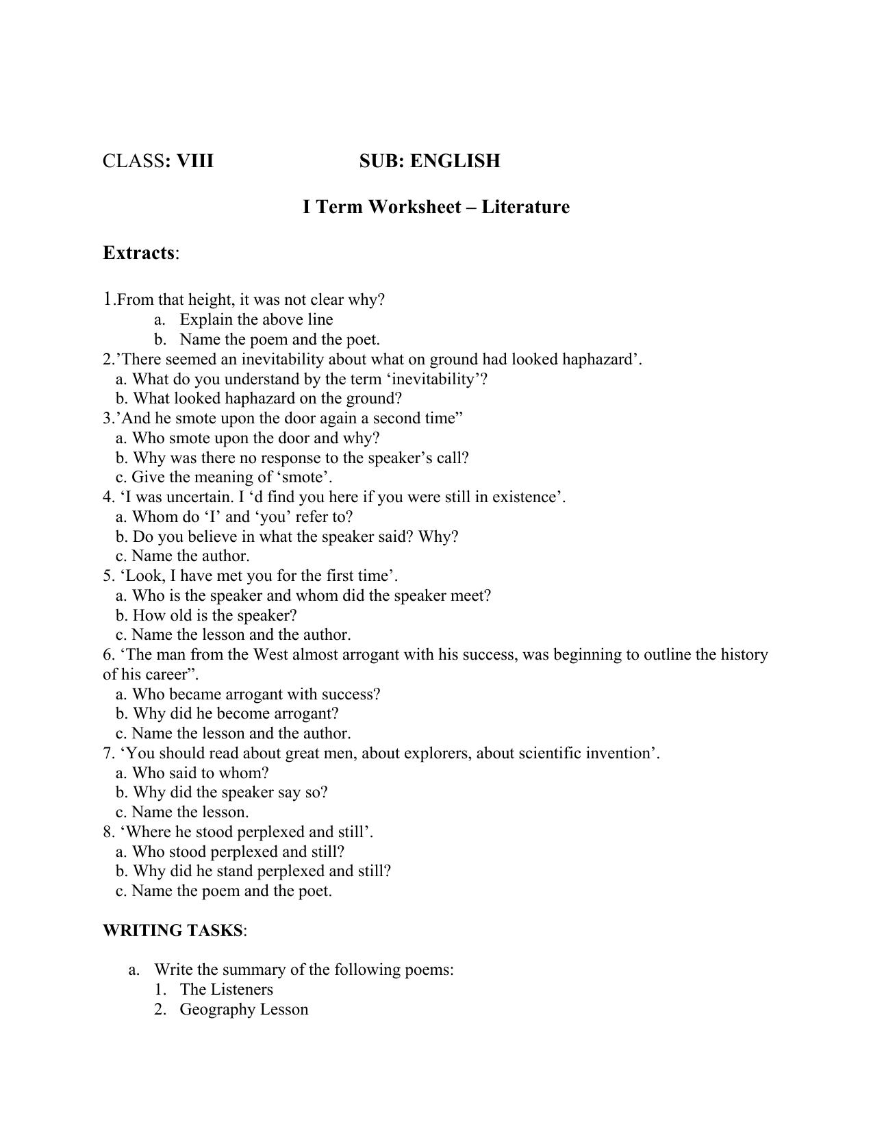 CBSE Class 8 English Worksheet SA1 Literature Assignment - Page 1