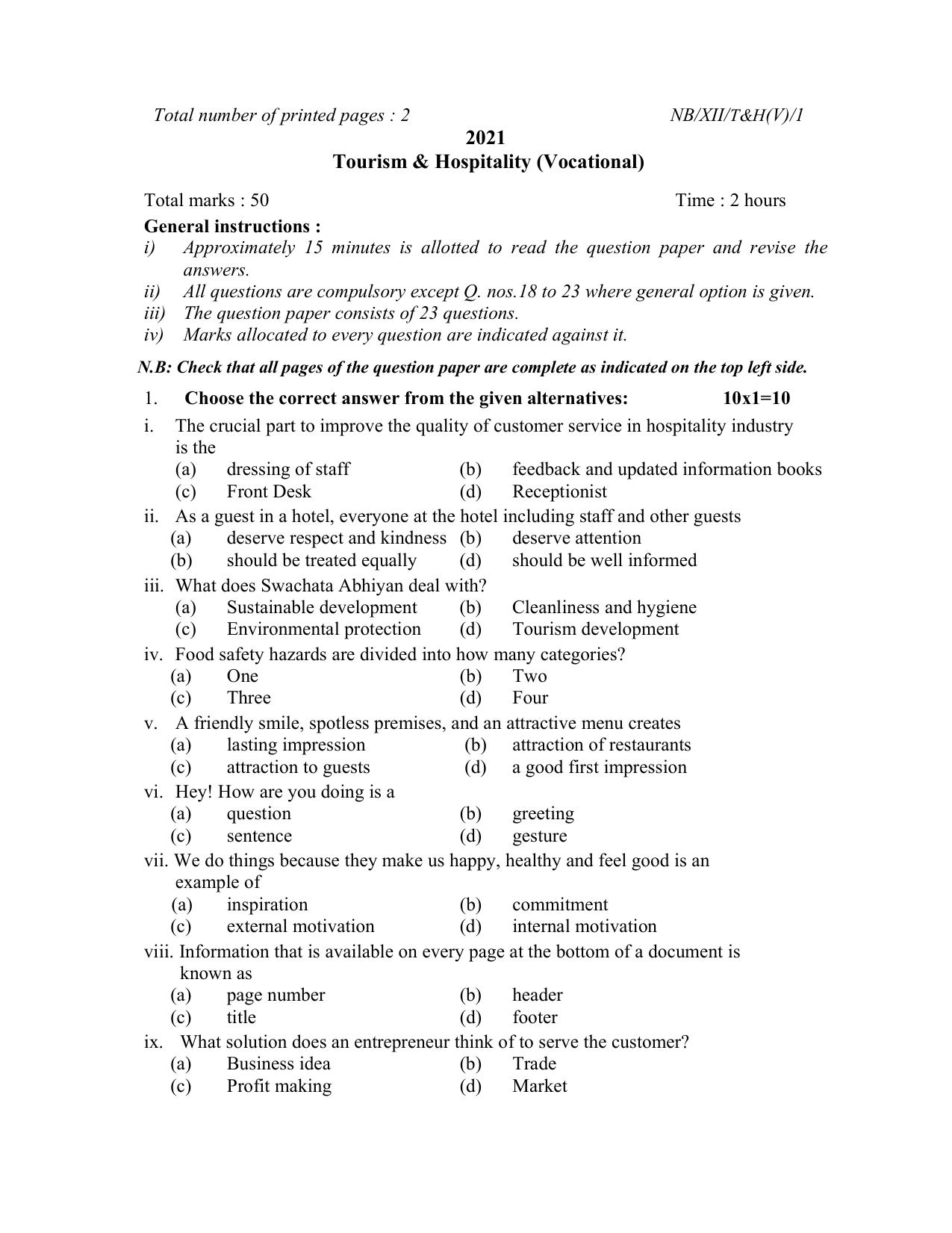Nagaland Board Class 12 Tourism & Hospitality 2021 Question Paper - Page 1