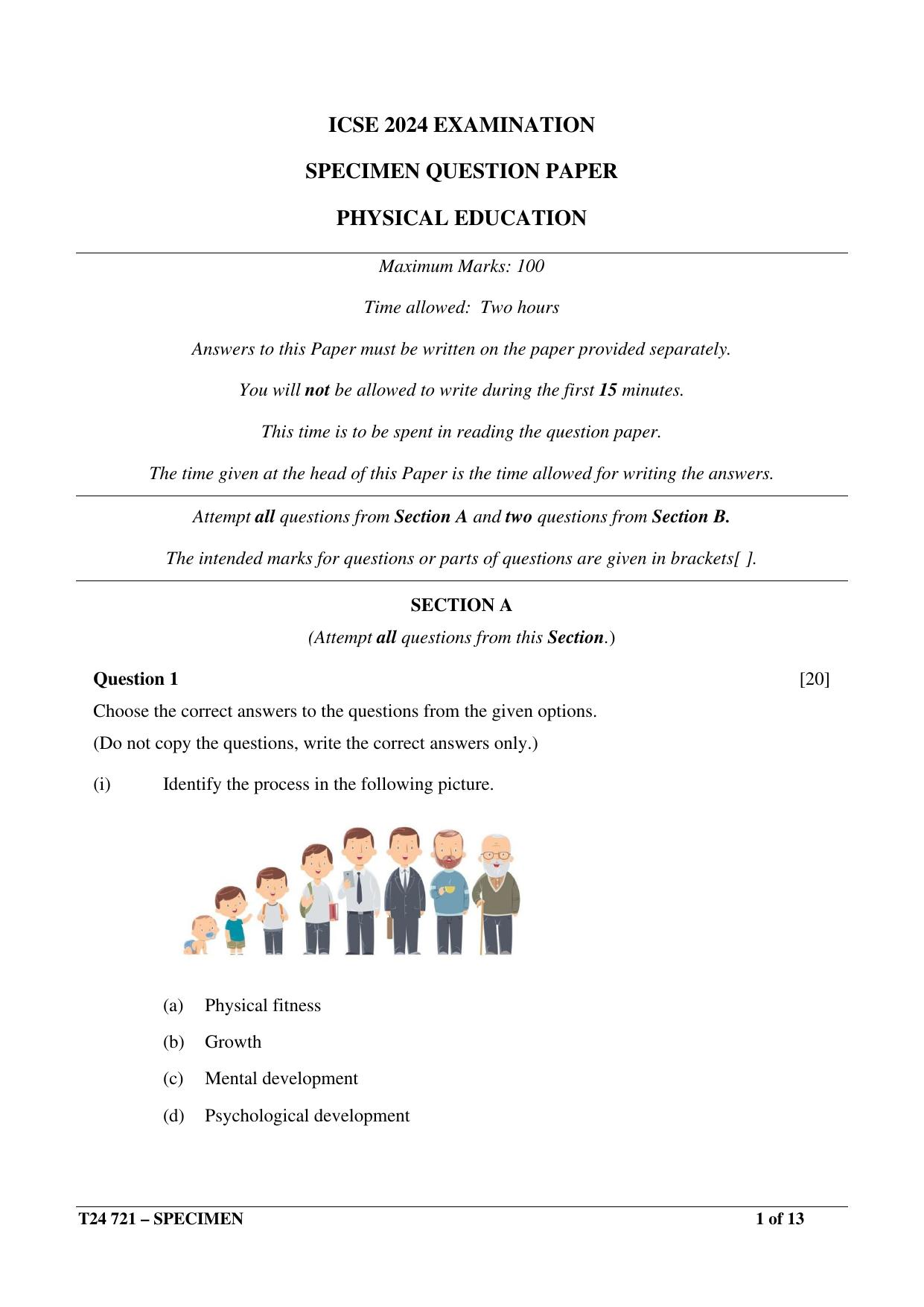 ICSE Class 10 2024 PHYSICAL EDUCATION Sample Paper - Page 1