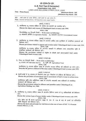 Bilaspur University Question Paper July 2022:LL.B. Part Two (II Sem.) (New Course) Land Laws Including Other Local Laws Paper 1