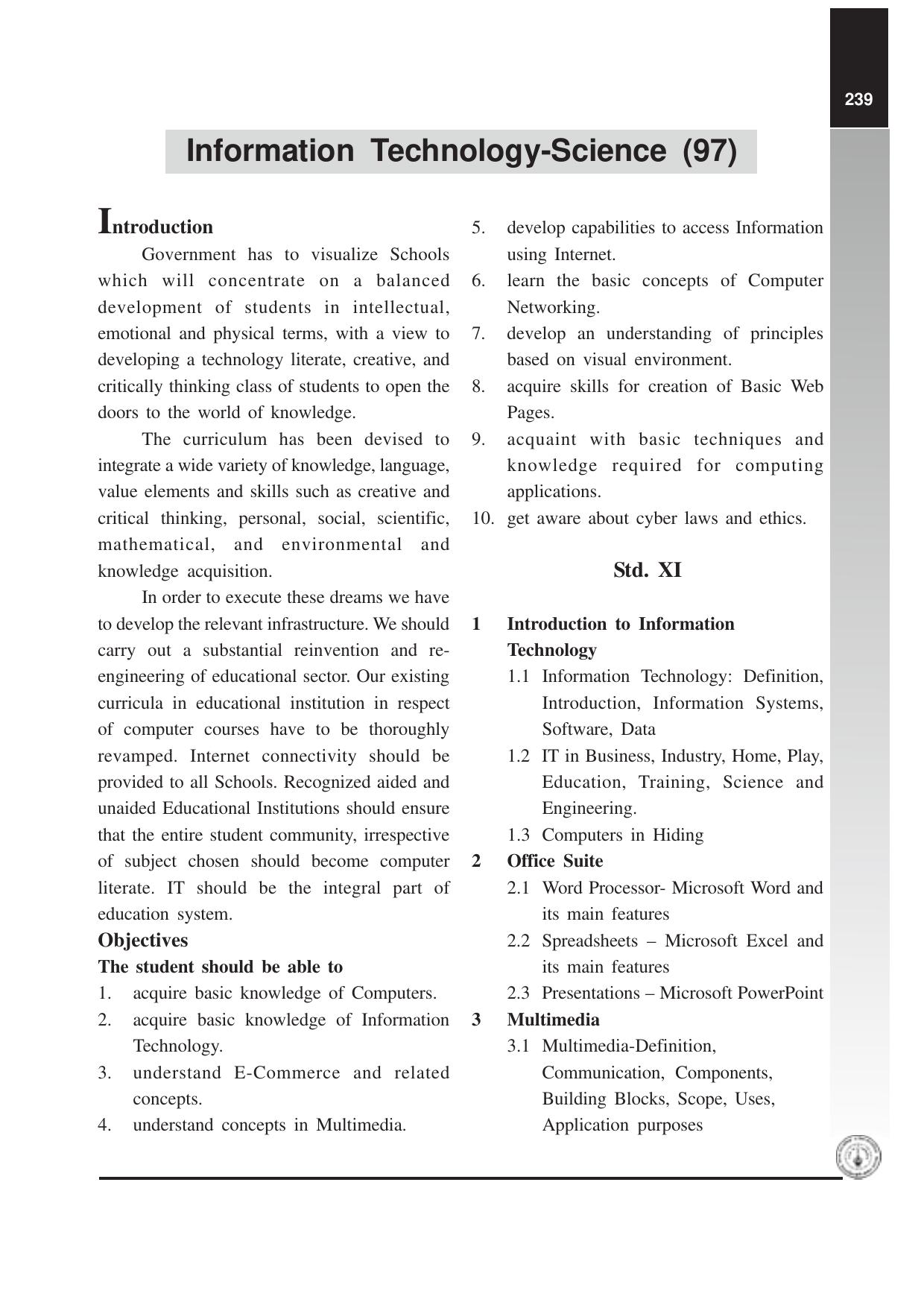 Maharashtra HSC Information Technology (Science) Syllabus  - Page 1