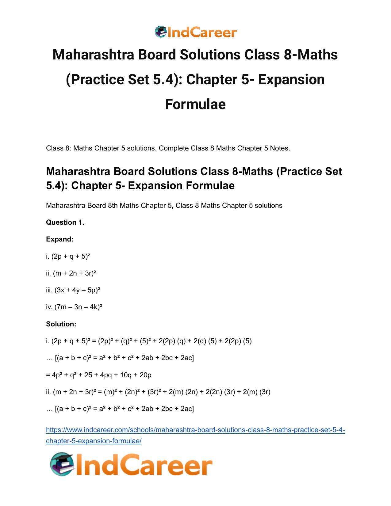 Maharashtra Board Solutions Class 8-Maths (Practice Set 5.4): Chapter 5- Expansion Formulae - Page 2
