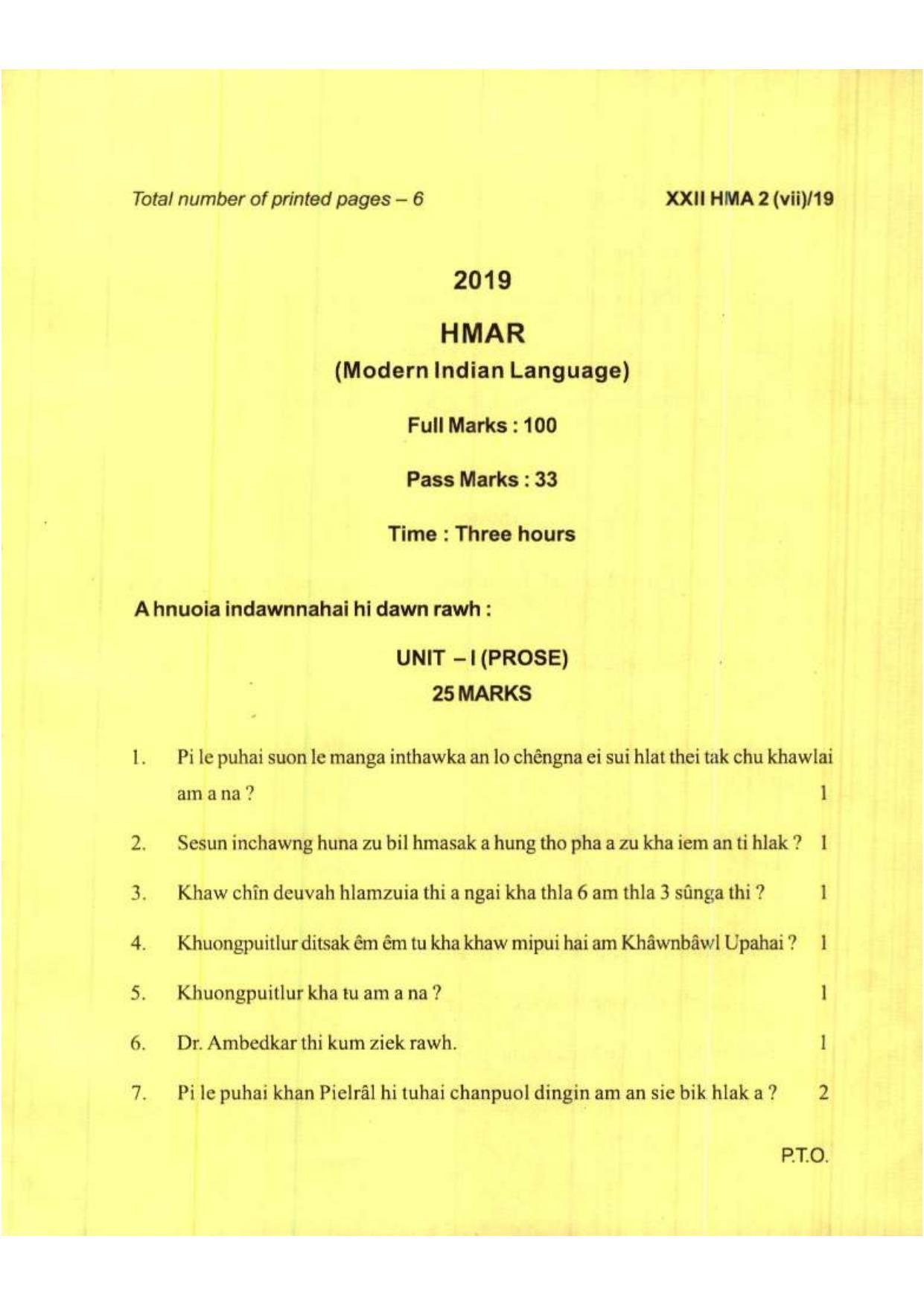 COHSEM Class 12	Hmar (M.I.L.) 2019 Question Papers - Page 1