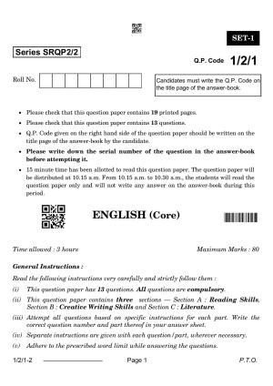 CBSE Class 12 1-2-1 English Core 2024 Question Paper