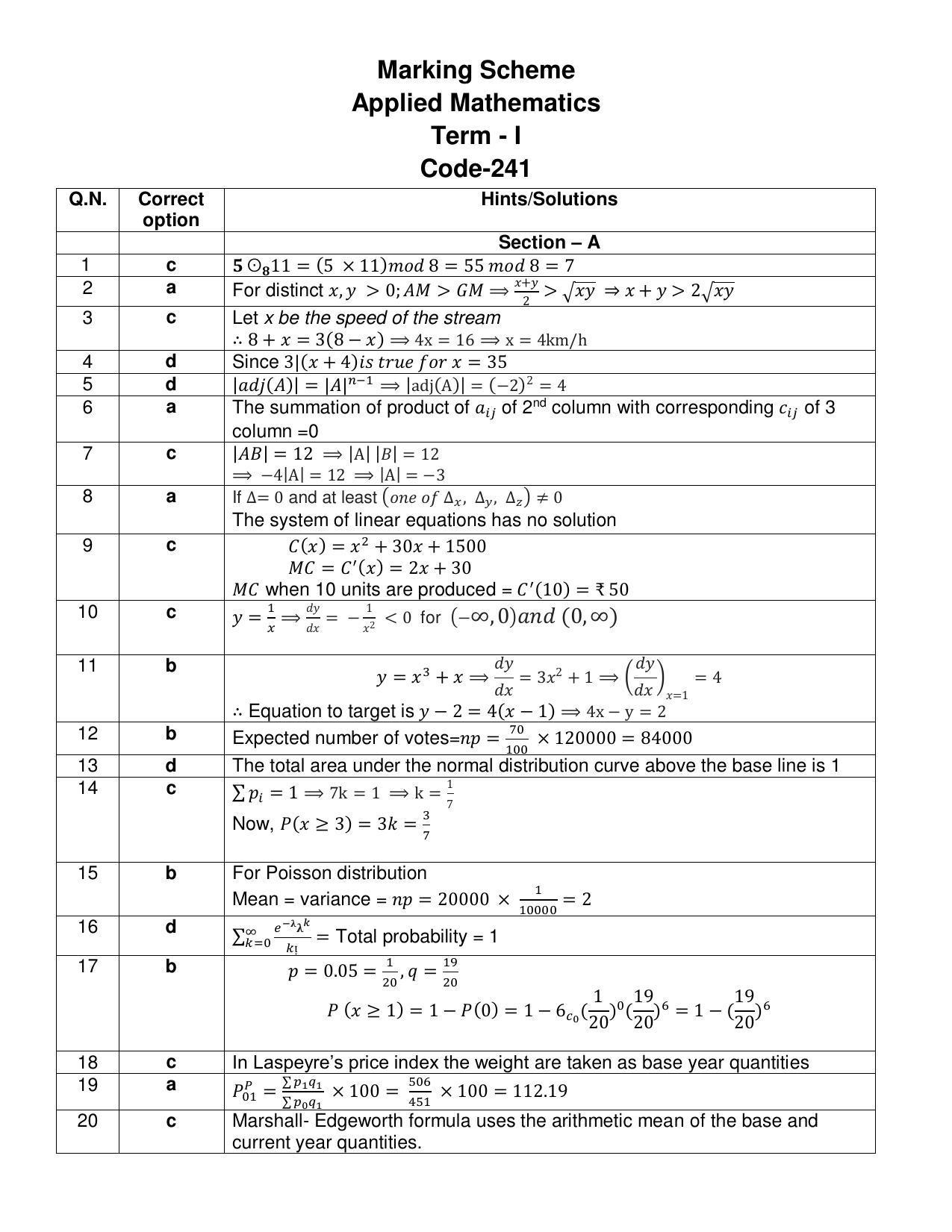 CBSE Class 12 Applied Mathematics Marking Scheme and Solutions 2021-22 - Page 1