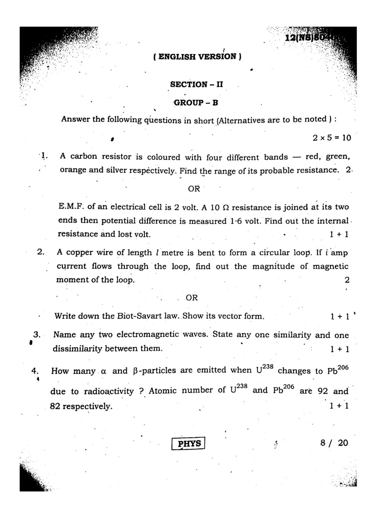West Bengal Board Class 12 Physics - 12(NS) 8040 (08) - 2019 (English Medium) Question Paper - Page 1