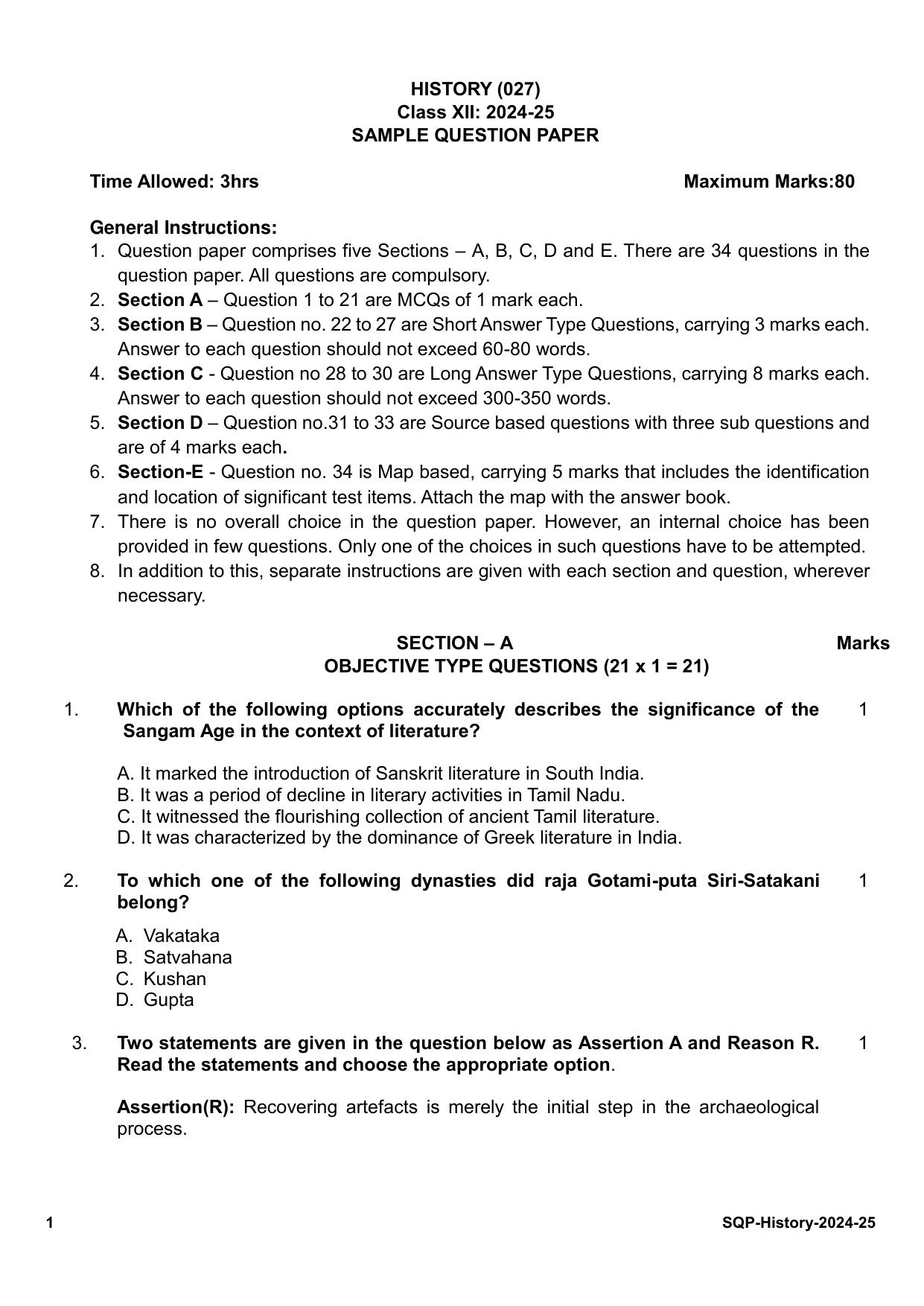 CBSE Class 12 History Sample Question Paper 2024-25 - Page 1