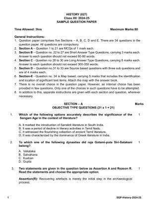 CBSE Class 12 History Sample Question Paper 2024-25