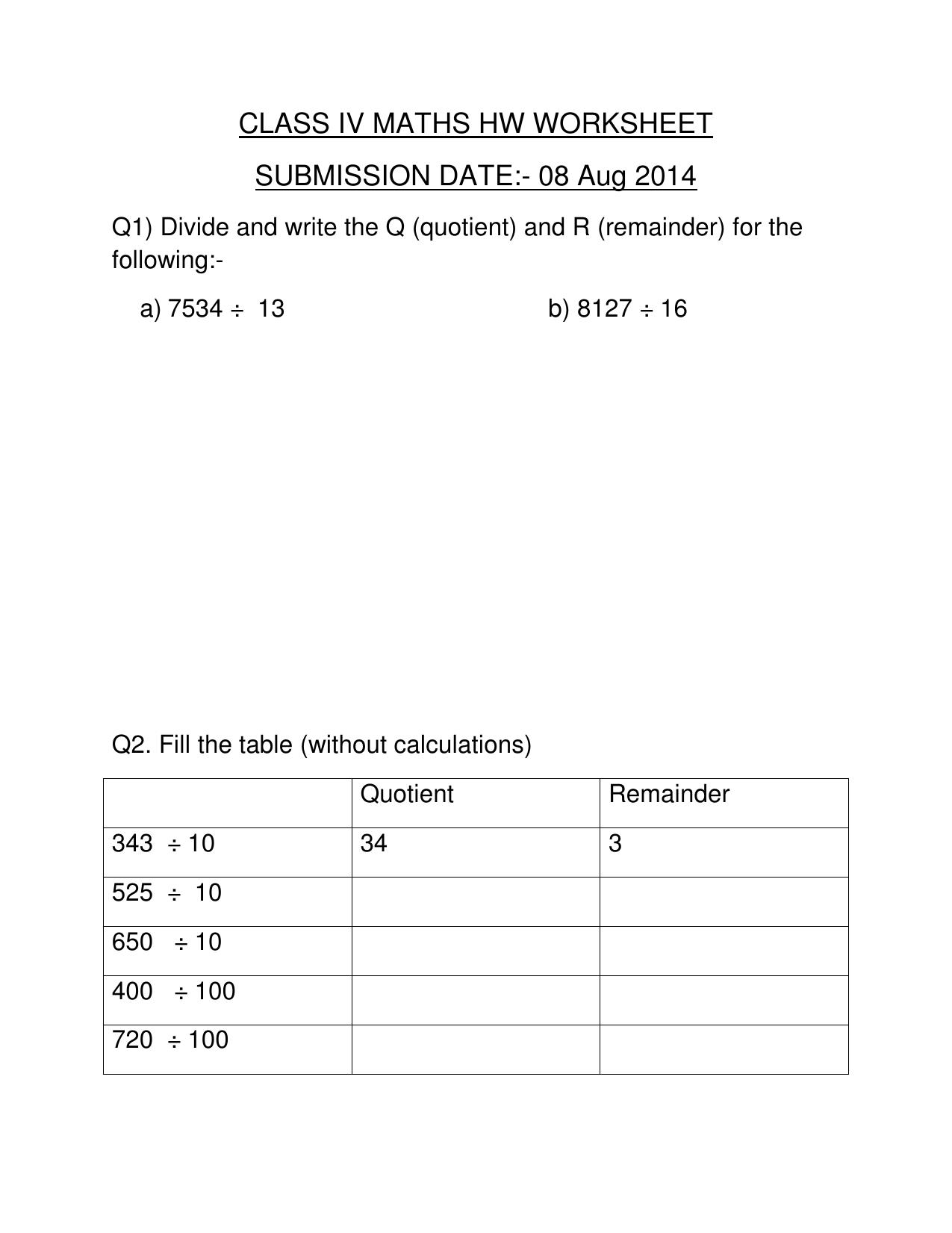 Worksheet for Class 4 Maths Assignment 52 Division - Page 1