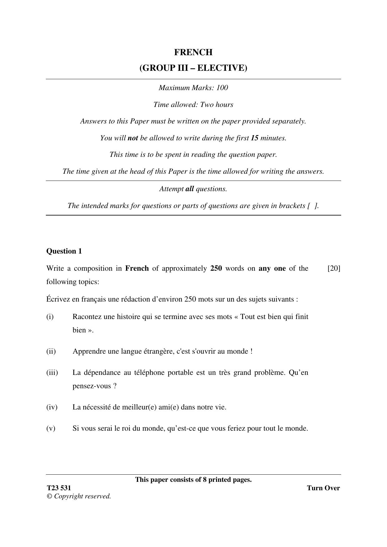 ICSE Class 10 FRENCH (GROUP III - ELECTIVE) 2023 Question Paper - Page 1