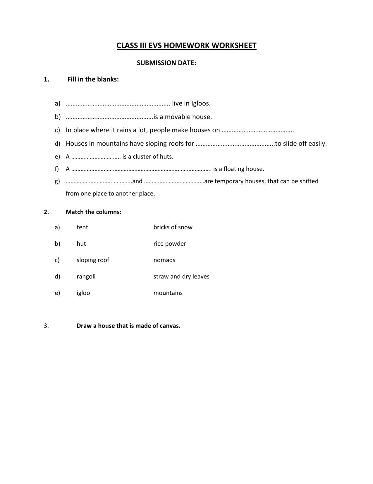 Worksheet for Class 3 EVS Assignment 62 Houses - Page 1