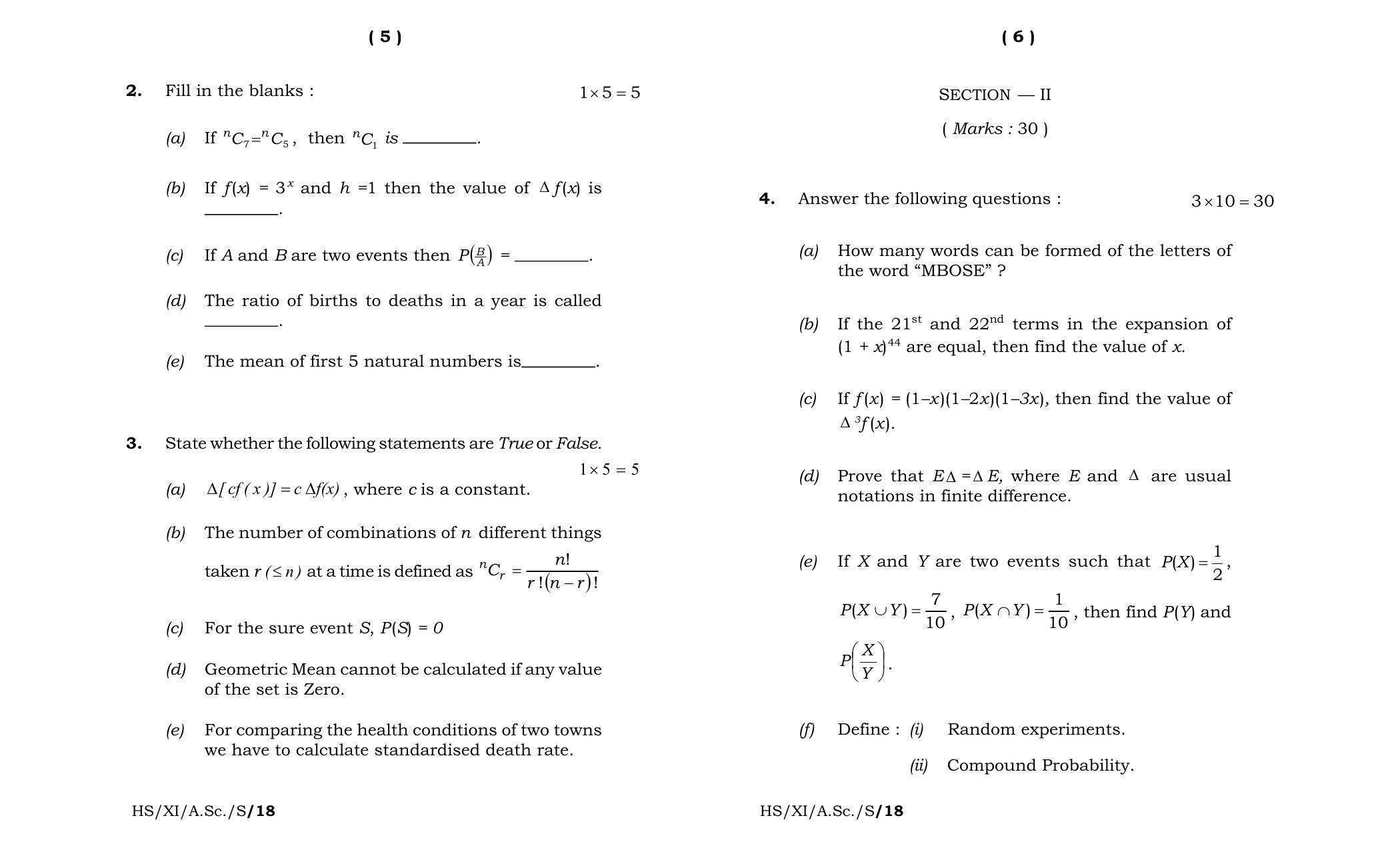 Meghalaya Board (MBOSE) Class 11 Statistics 2018 Question Paper - Page 3