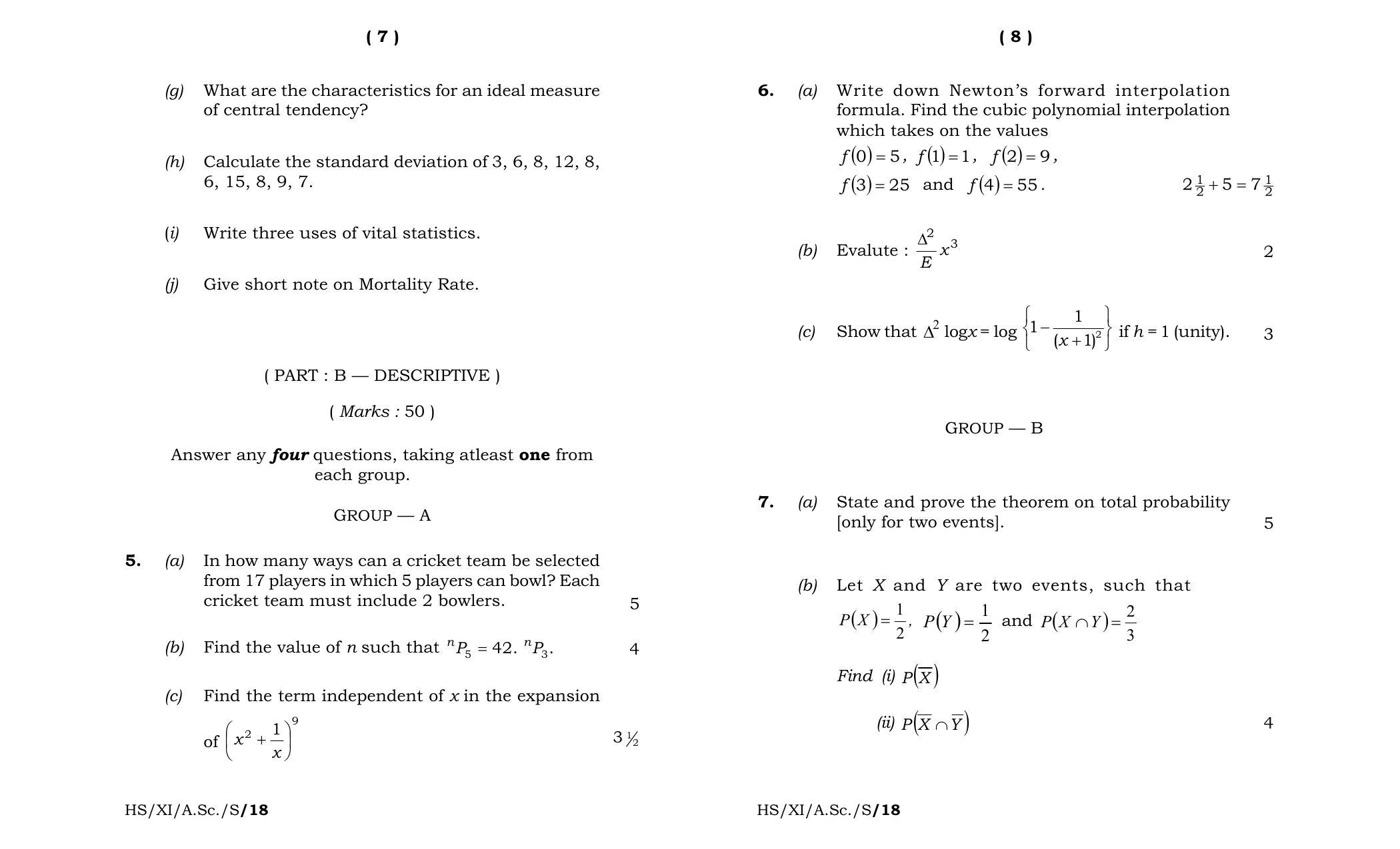 Meghalaya Board (MBOSE) Class 11 Statistics 2018 Question Paper - Page 4