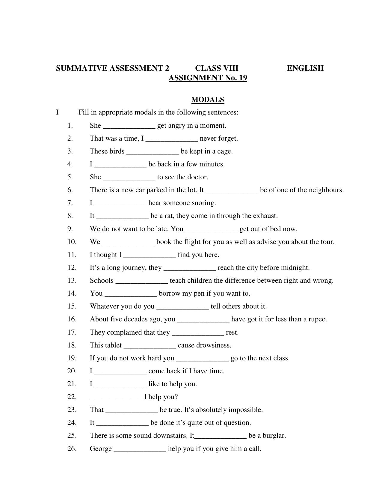 CBSE Worksheets for Class 8 English Assignment 63 - Page 1