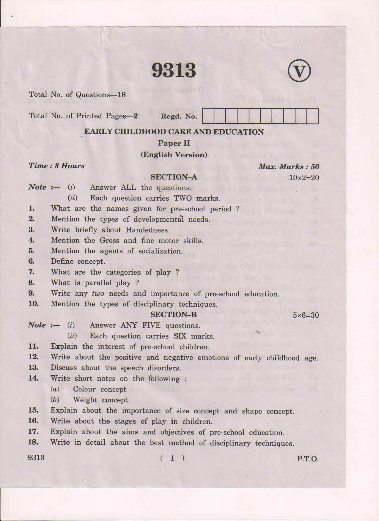 AP Inter 2nd Year Early Childhood Care and Education-II March-2019-Vocational Question Paper - Page 1