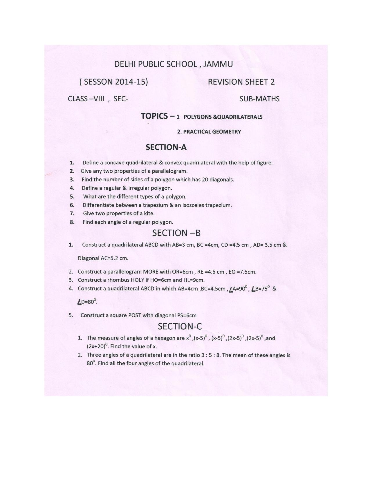 CBSE Worksheets for Class 8 Mathematics Understanding Quadrilaterals Assignment 5 - Page 1