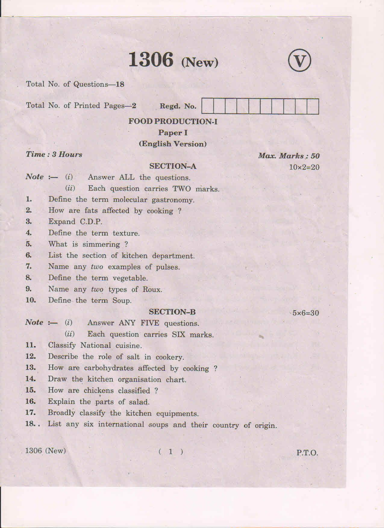 AP Inter 1st Year Food Production-I (New) March-2019-Vocational Question Paper - Page 1