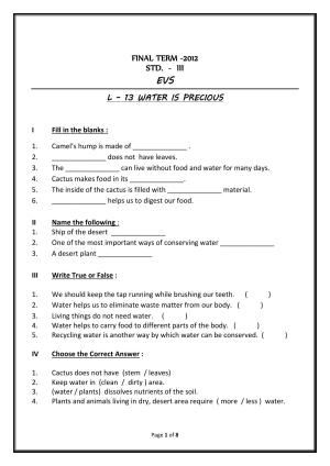 Worksheet for Class 3 EVS Assignment 73 Water is Precious